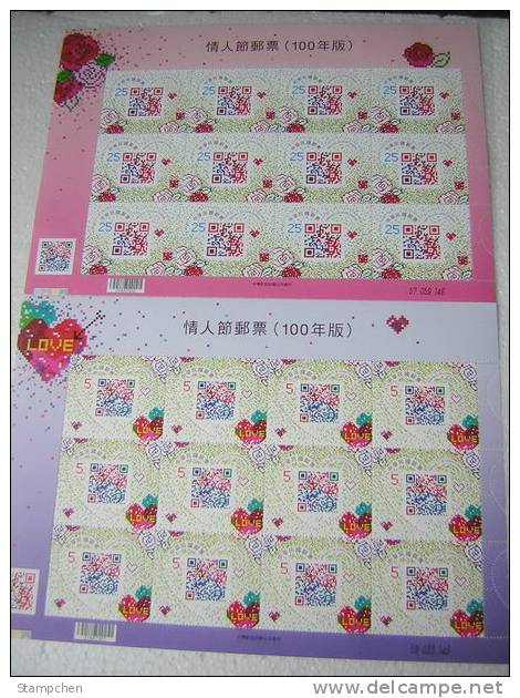 2011 Valentine Day Stamps Sheets Love Heart Rose Flower QR Code Crypto Unusual - Rozen