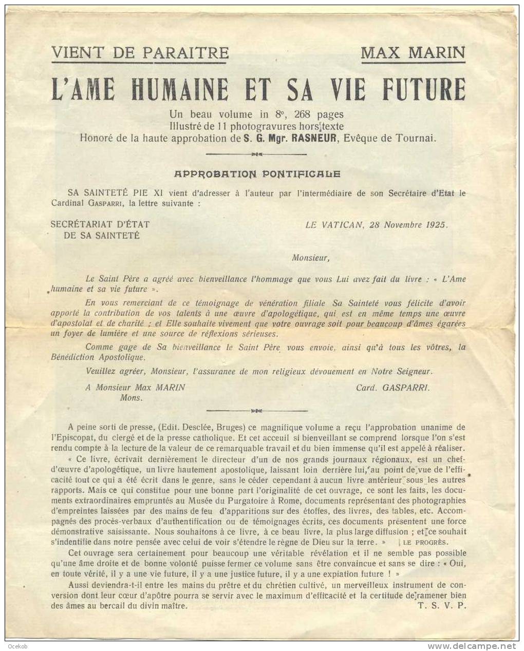 Brief - Lettre L' Ame Humaine - Vatican 1925 - Menin - Autres & Non Classés