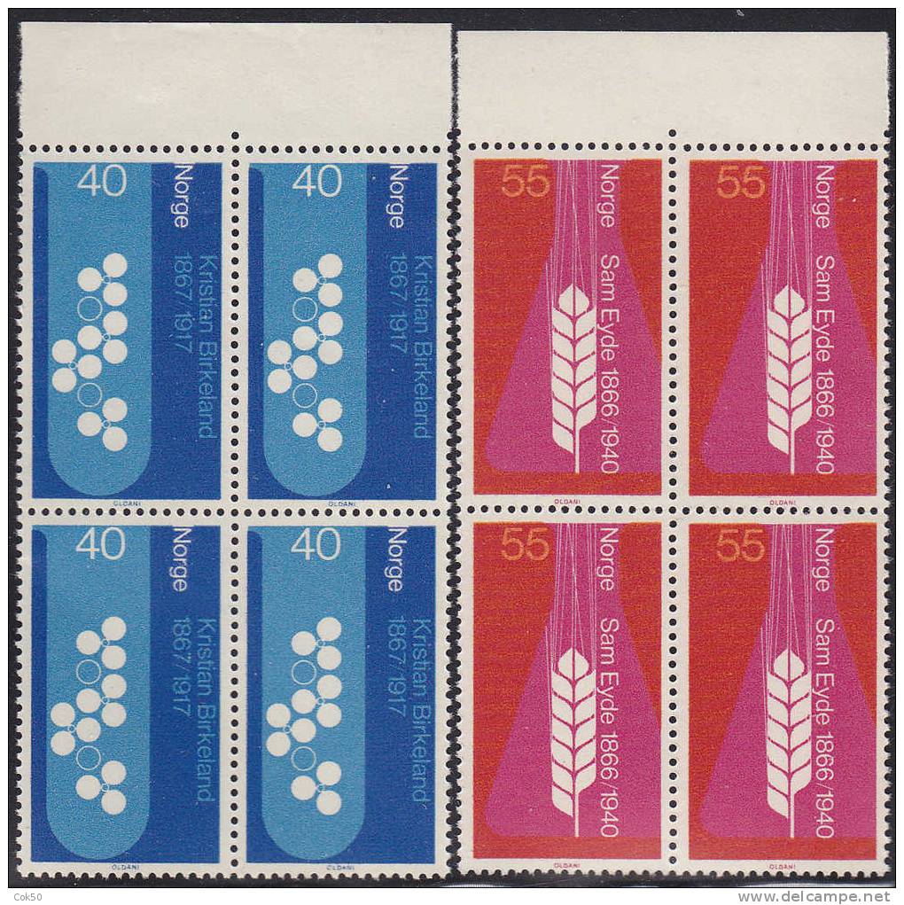 NORWAY 1966 «Scientists Kristian Birkeland And Sam Eyde» Mi# 549-50 - NK# 583-84, MNH Blocks Of 4 - Nuevos