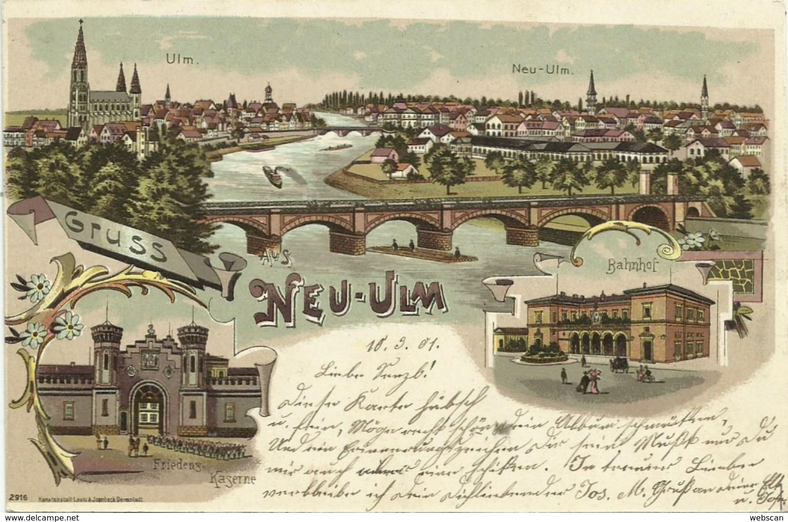 AK Neu-Ulm Mehrbild-Farblitho Ort Kaserne Bahnhof 1901 #04 - Neu-Ulm
