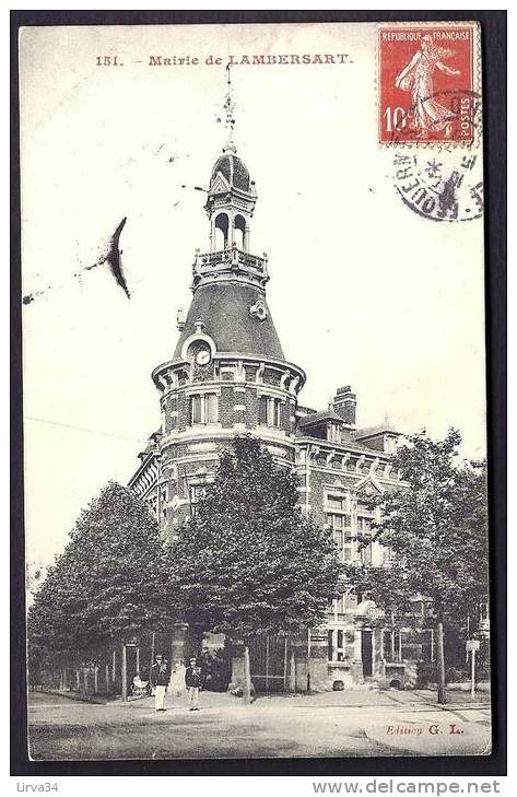 CPA  ANCIENNE- FRANCE- LAMBERSART (59)- LA MAIRIE EN GROS PLAN- ANIMATION DEVANT- MILITAIRES - Lambersart