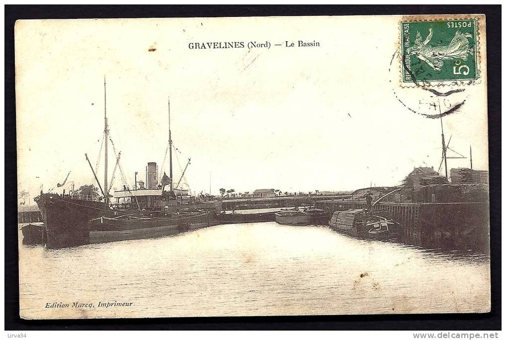 CPA  ANCIENNE- FRANCE- GRAVELINES (59)- LE BASSIN EN GROS PLAN- PENICHES- CARGOT A VAPEUR - Gravelines