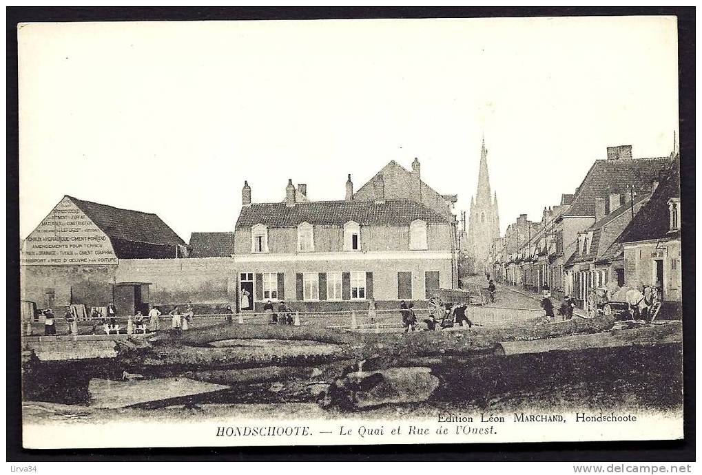 CPA  ANCIENNE- FRANCE- HONDSCHOOTE (59)- LE QUAI ET LA RUE DE L'OUEST AVEC BELLE ANIMATION- ATTELAGES- FRONTON AVEC PUB - Hondshoote