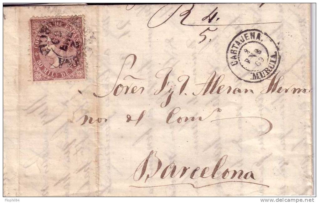 ESPAGNE-CARTAJENA 2-2-1869 - LETTRE AVEC TEXTE POUR BARCELONA - Lettres & Documents