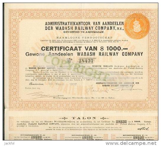 Wabash Railway Company (Administratie Amsterdam) - Chemin De Fer & Tramway