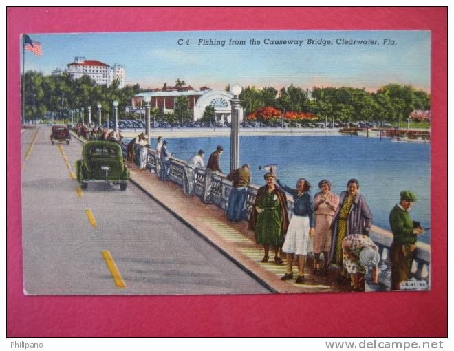 Clearwater Fl--  Fishing On Causeway Bridge  1948 Cancel     Linen---=====(ref131) - Clearwater