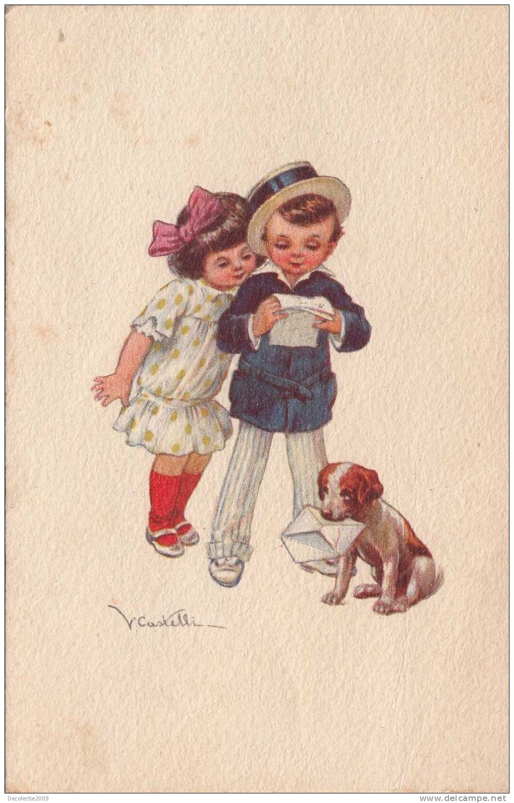 B16236 Illustration Signee V Castelli Children Reading A Letter And A Dog Not Used Perfect Shape - Castelli