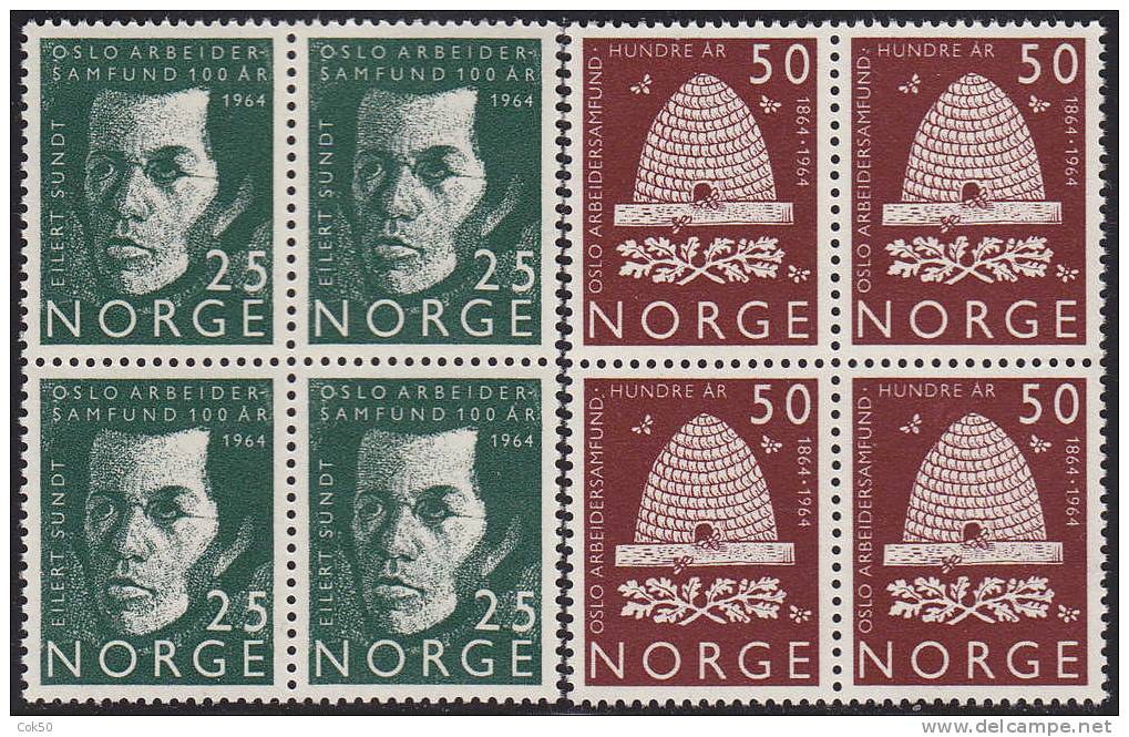 NORWAY 1964 «Oslo Labour Society 100th Anniv.» Mi# 512-13 - NK# 549-50, MNH Blocks Of 4 - Ungebraucht