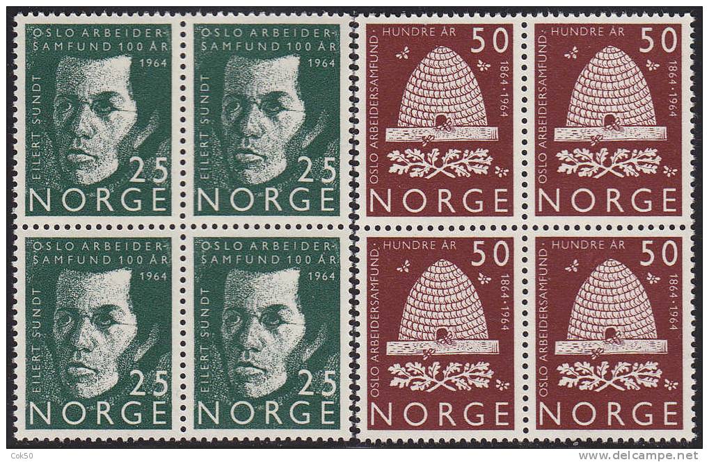 NORWAY 1964 «Oslo Labour Society 100th Anniv.» Mi# 512-13 - NK# 549-50, MNH Blocks Of 4 - Unused Stamps