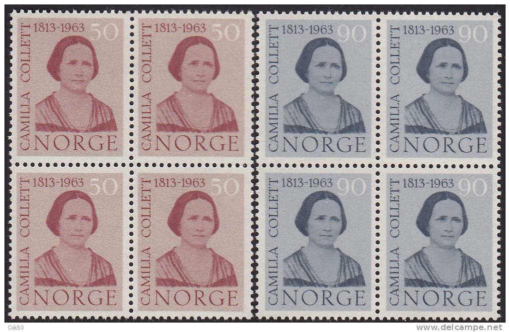 NORWAY 1963 «Author Camilla Collett» Mi# 485-86 - NK# 530-31, MNH Blocks Of 4 - Unused Stamps