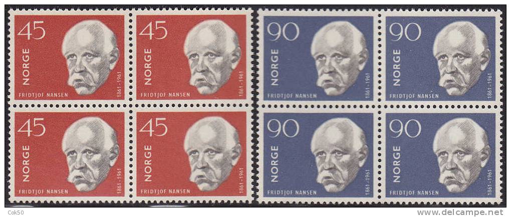 NORWAY 1961 «Polar Explorer Fridtjof Nansen 100th Anniv.» Mi# 460-61 - NK# 500-01, MNH Blocks Of 4 - Nuevos