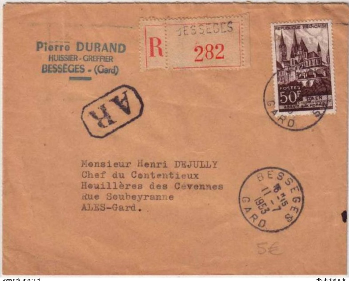 1953 - YVERT N° 917 Seul Sur LETTRE RECOMMANDEE Avec AR De BESSEGES Pour ALES - Briefe U. Dokumente