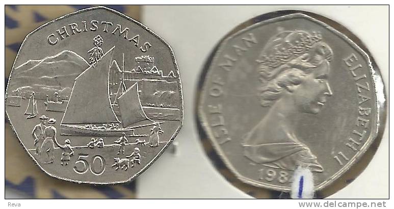 ISLE OF MAN 50 PENCE CHRISTMAS SHIP FRONT QEII HEAD BACK 1981 KM84 EF READ DESCRIPTION CAREFULLY !!! - Isle Of Man