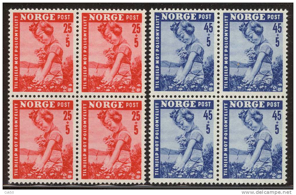 NORWAY 1950 «Poliomyelitis» Mi# 351-52 - NK# 386-87, MNH Blocks Of 4 - Nuovi