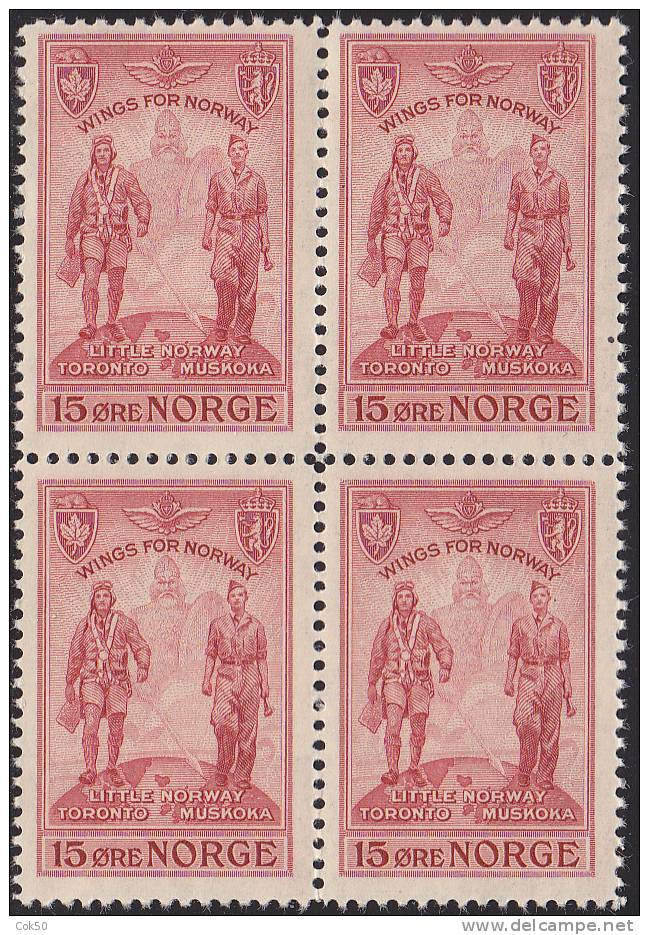 NORWAY 1946 «Wings For Norway - Canadian Flight Training Base» Mi# 314 - NK# 349 MNH Bl. Of 4 - Unused Stamps