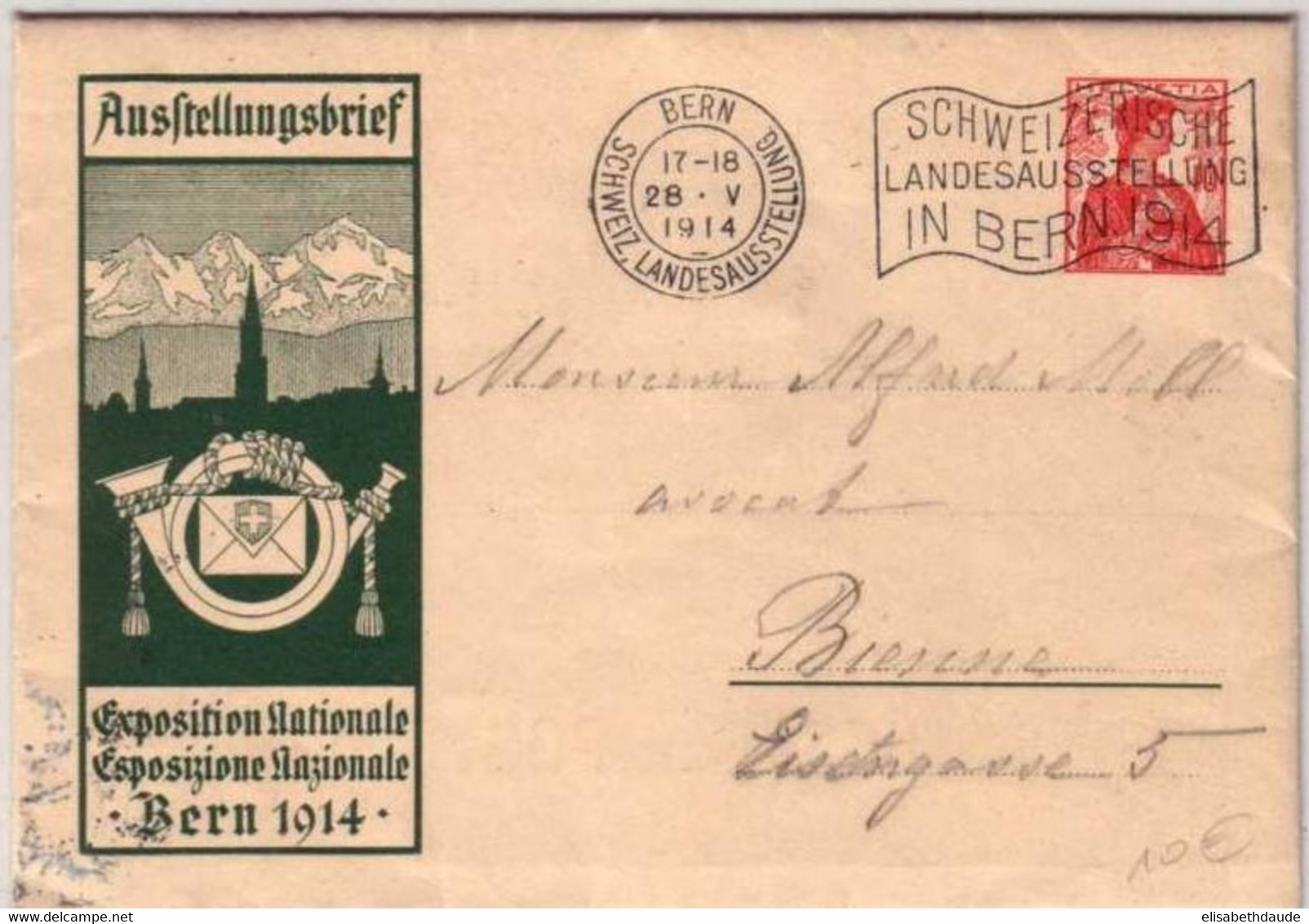 1914 - ENVELOPPE ENTIER POSTAL OFFICIELLE De L'EXPOSITION NATIONALE De BERN Pour BIENNE - Ganzsachen