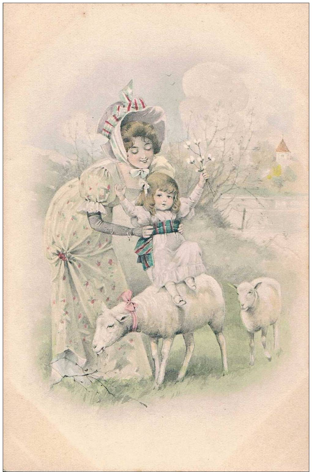 Carte Postale Ancienne - Jeune Femme Et Son Enfant - Dessin - Pasen