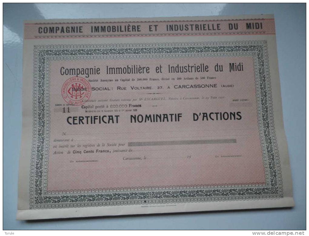 IMMOBILIERE INDUSTRIELLE DU MIDI 1922 (carcassonne-aude) Certificat Actions - Otros & Sin Clasificación