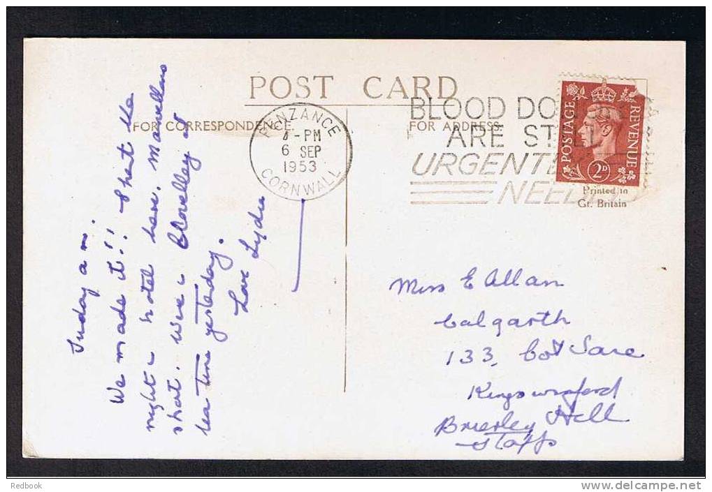RB 671 - 1953 Postcard Armed Knights & Longships Lighthouse Land's End Cornwall - Blood Donors Slogan - Health Theme - Land's End