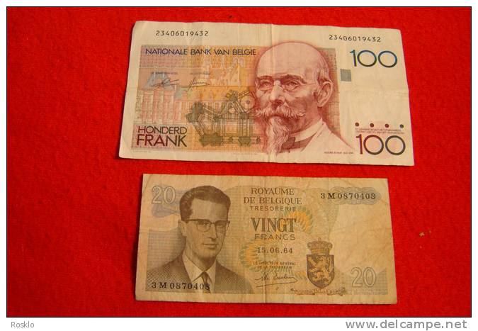 BELGIQUE 2 BILLETS 20FRS 1964 + 100FRS  / BEL  ETAT ONT SERVIS - Andere & Zonder Classificatie