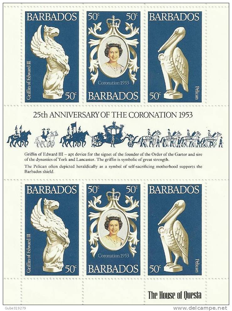 BARBADOS -1978 - LOT OF 5 OF QUEEN ELISABETH II CORONATION 1953-1978 SOUVENIR SHEET WITH 5 STAMPS OF 50 CENTS - Barbades (1966-...)