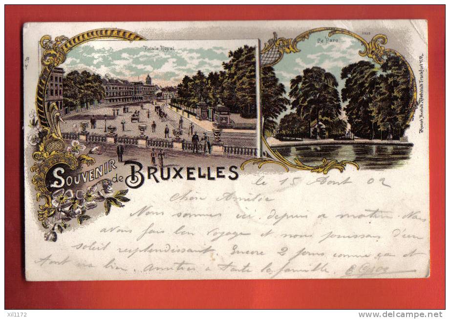 L132 Bruxelles Brussels,Multi-vues,Litho Avec Effets Brillants,léger Pli Angle Sup. Droit.Précurseur.Cachet 1902 - Multi-vues, Vues Panoramiques