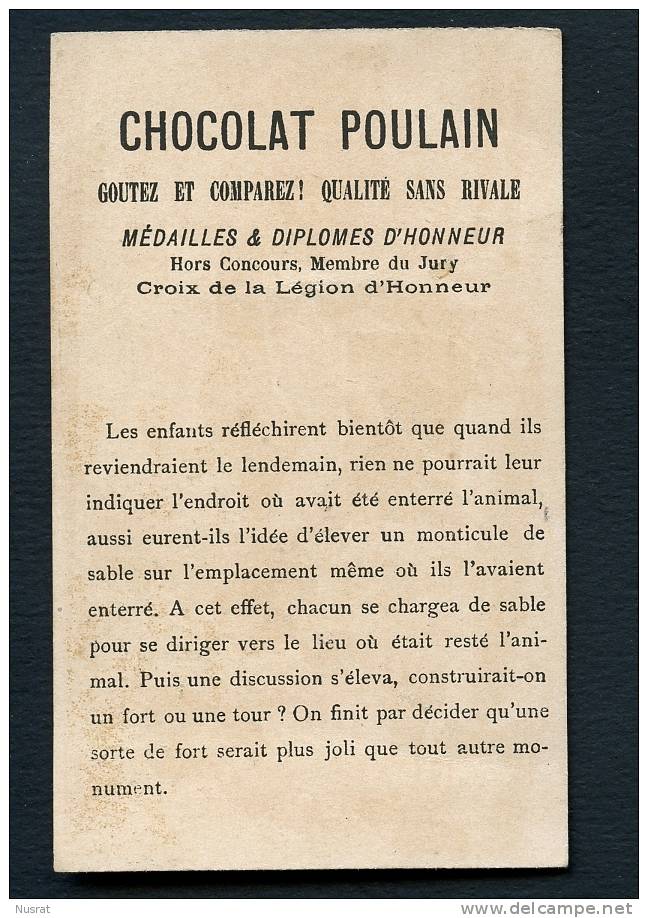 Chocolat Poulain Jolie Chromo Dorée Lith. Laas, Et Maintenant En Route, Construisons Un édifice, Thème Mer, Plage - Poulain