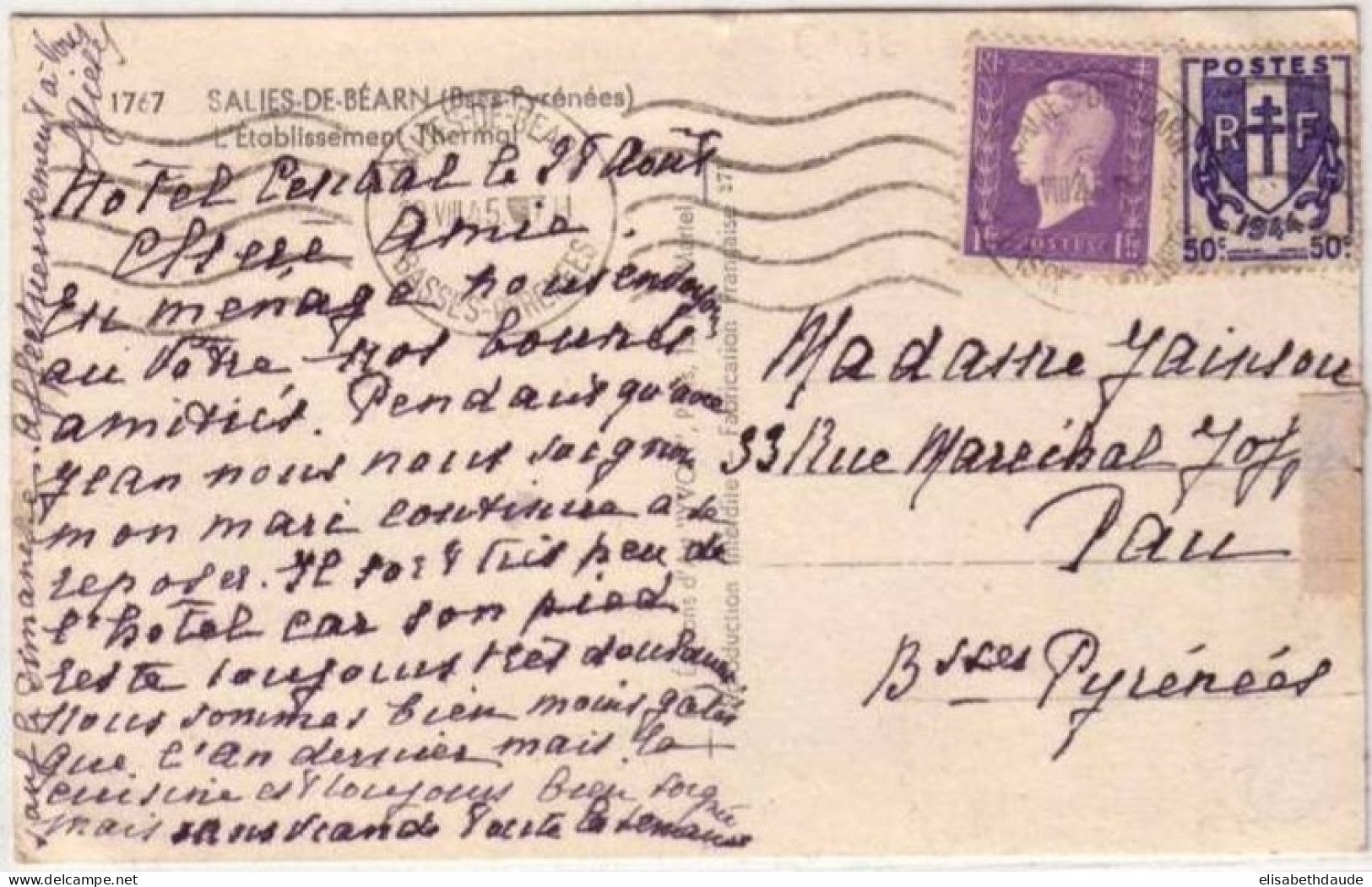 CHAINES BRISEES + DULAC - 1945 - Yvert N°673+689 (TARIF = 1.5F) Sur CARTE POSTALE De SALIES De BEARN (B-P) - 1944-45 Marianne Van Dulac