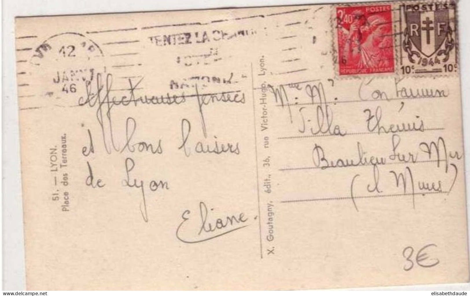CHAINES BRISEES + IRIS - 1946 - Yvert N°670+654 (TARIF = 2.5F) Sur CARTE POSTALE De LYON - 1939-44 Iris