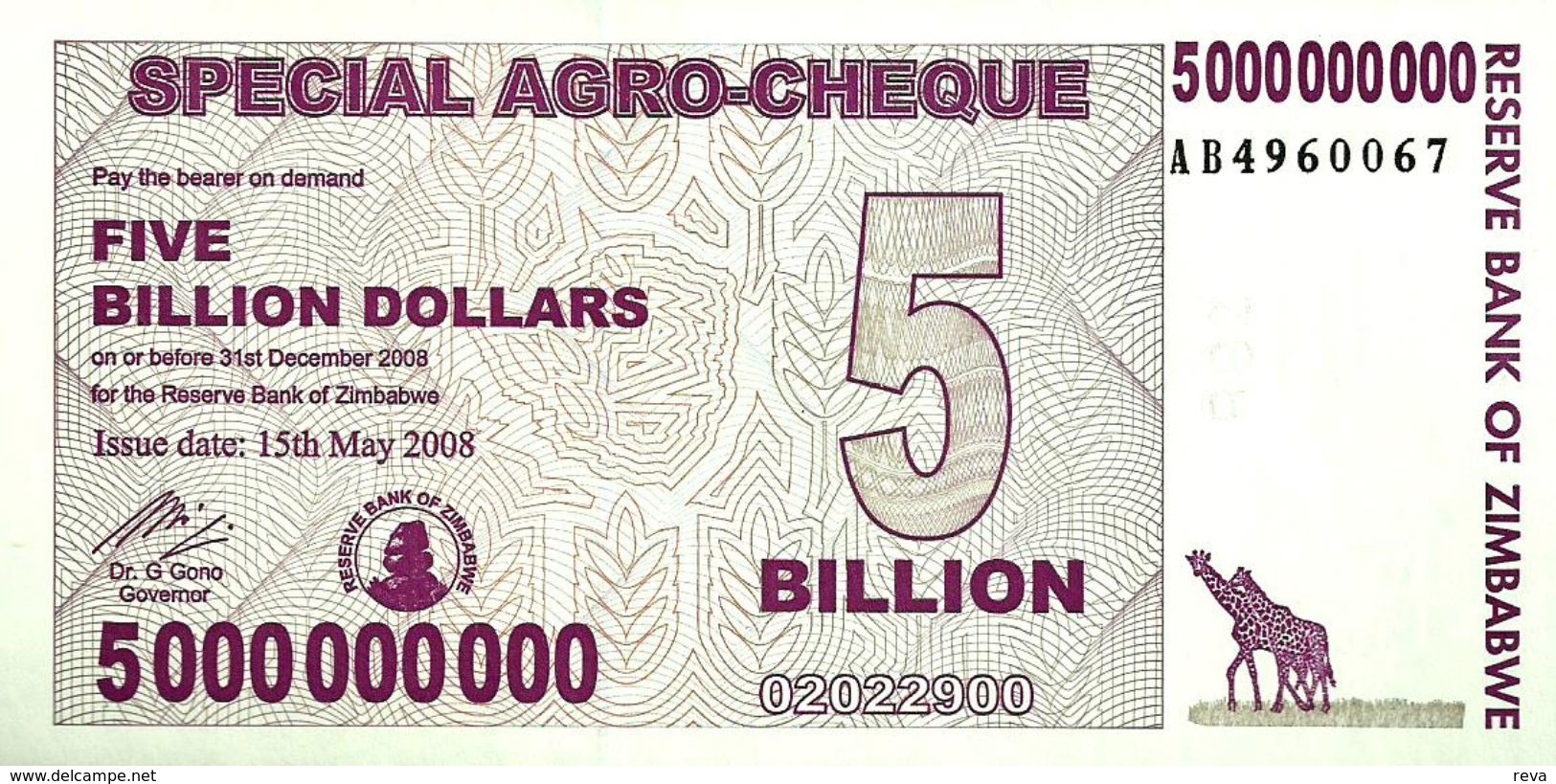 ZIMBABWE $5 BILLION BEARER CHEQUE PURPLE GRAIN STORAGE BACK DATED 15-05-2008-ED31-12-2008 UNC P? READ DESCRIPTION !! - Simbabwe