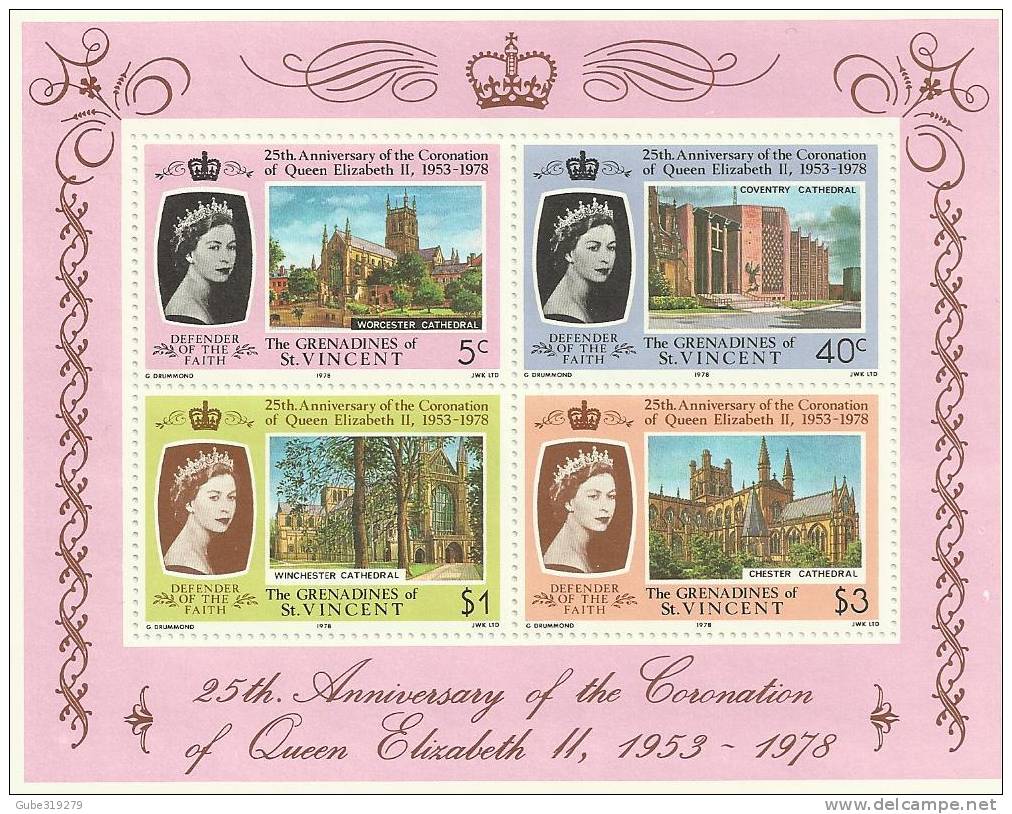 THE GRENADINE OF ST VINCENT 1978 LOT OF 5 QU ELISABETH II CORONATION 1953-1958 SOUVENIR SHEET OF 4 STAMPS :5-40c+$ 1 $ 3 - St.Vincent & Grenadines