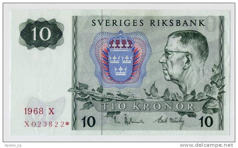 SWEDEN:   10 Kronor 1968  -UNC   *REPLACEMENT*   SCARCE !!! - Schweden
