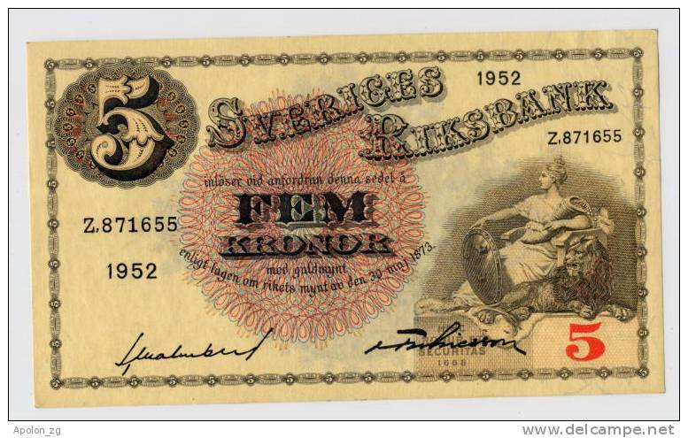 SWEDEN:   5 Kronor 1952 UNC  * BEAUTIFUL BANKNOTE IN TOP UNCIRCULATED CONDITION !!! - Sweden