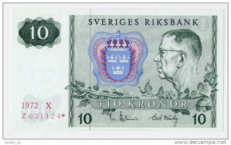 SWEDEN:  10 Kronor 1972  UNC    *REPLACEMENT*   SCARCE BANKNOTE ! - Svezia