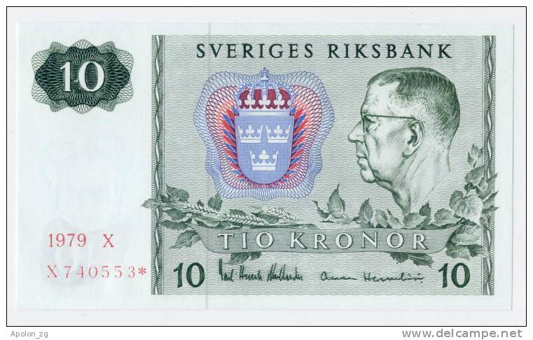 SWEDEN:  10 Kronor 1979  UNC    *REPLACEMENT*   SCARCE BANKNOTE ! - Sweden