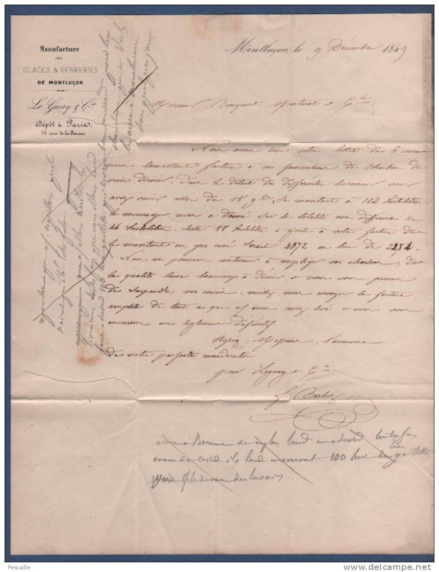 1849 - LETTRE DE MONTLUCON VERS COMMENTRY - MANUFACTURE DES GLACES & VERRERIES DE MONTLUCON / LE GUAY & Cie - Manuscripts