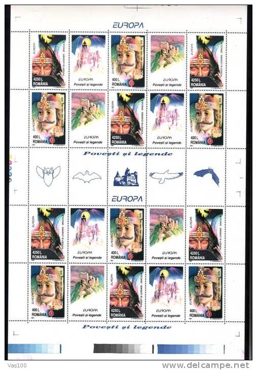 Romania 1997 EUROPA CEPT Rare DRACULA + 4 Labels OWL, MINISHEET,MNH,(MODEL 2). - Fairy Tales, Popular Stories & Legends