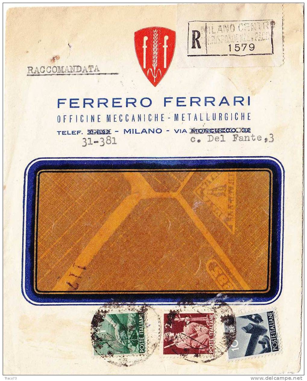 MILANO  - Cover  / Lettera Pubblicit. "FERRERO FERRARI " 10.8.1946 -  Democratica Lire 1 + 2 + 10 - Marcophilie