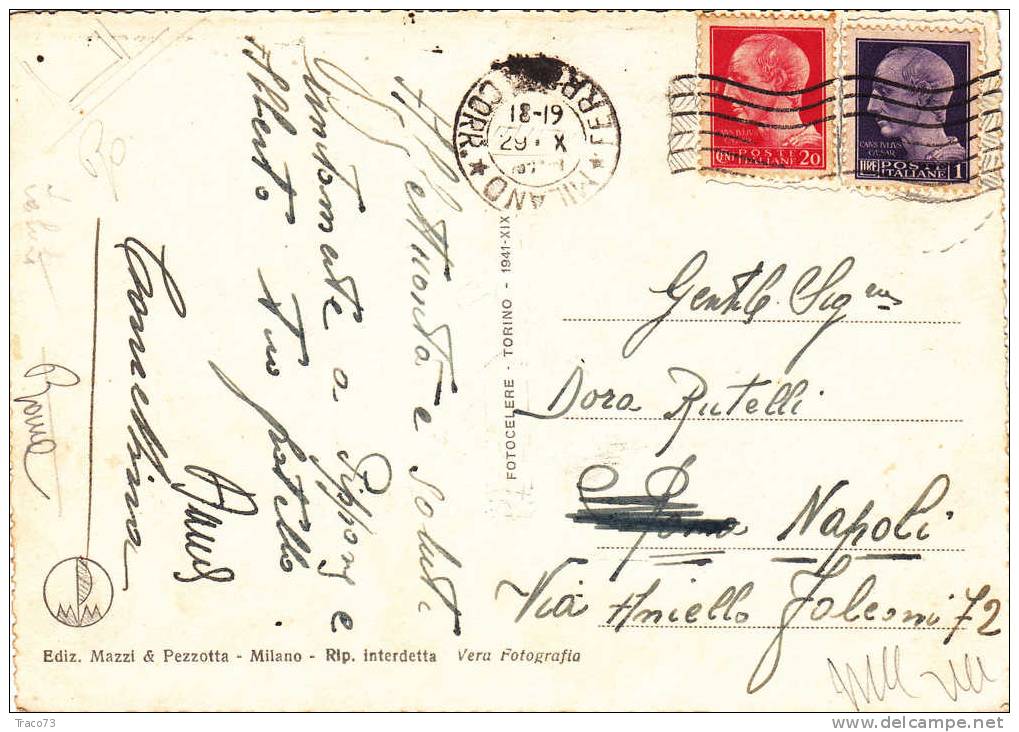 MILANO  - NAPOLI - Card  /  Cartolina  29.10.194?  -  Imper. Senza Fasci  Lire 1 + 20 Cent. - Marcophilie