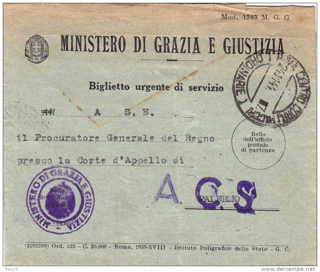 ROMA  /  PALERMO -  Biglietto Urgente Di Servizio  24.11.1944  - Ministero Di Grazia E Giusizia - Marcophilie