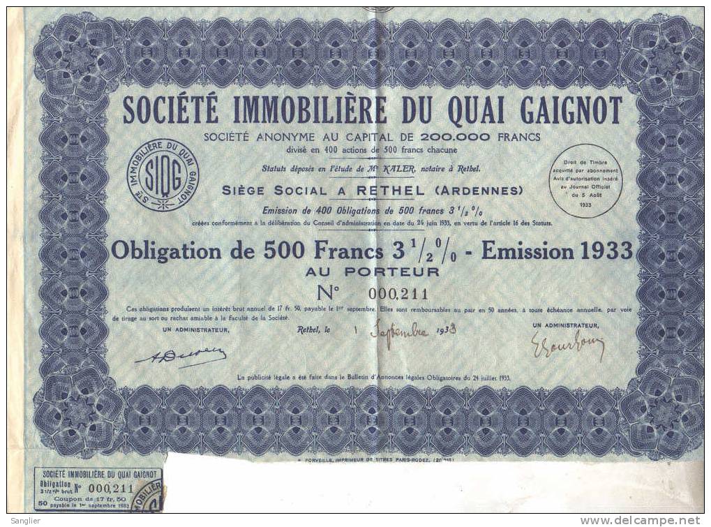 ARDENNES RETHEL - SOCIETE IMMOBILIERE DU QUAI GAIGNOT OBLIGATION DE 500 FRS - EMISSION 1933 - Other & Unclassified