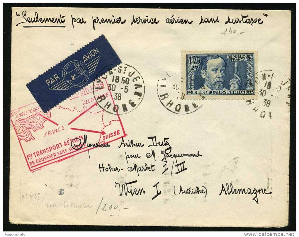 1° VOL : 1f75 PASTEUR (CHOMEURS INTELLECTUEL Sur Enveloppe 1°vol PARIS-ALLEMAGNE Sans Surtaxe  1° JUIN 1938 - 1960-.... Lettres & Documents