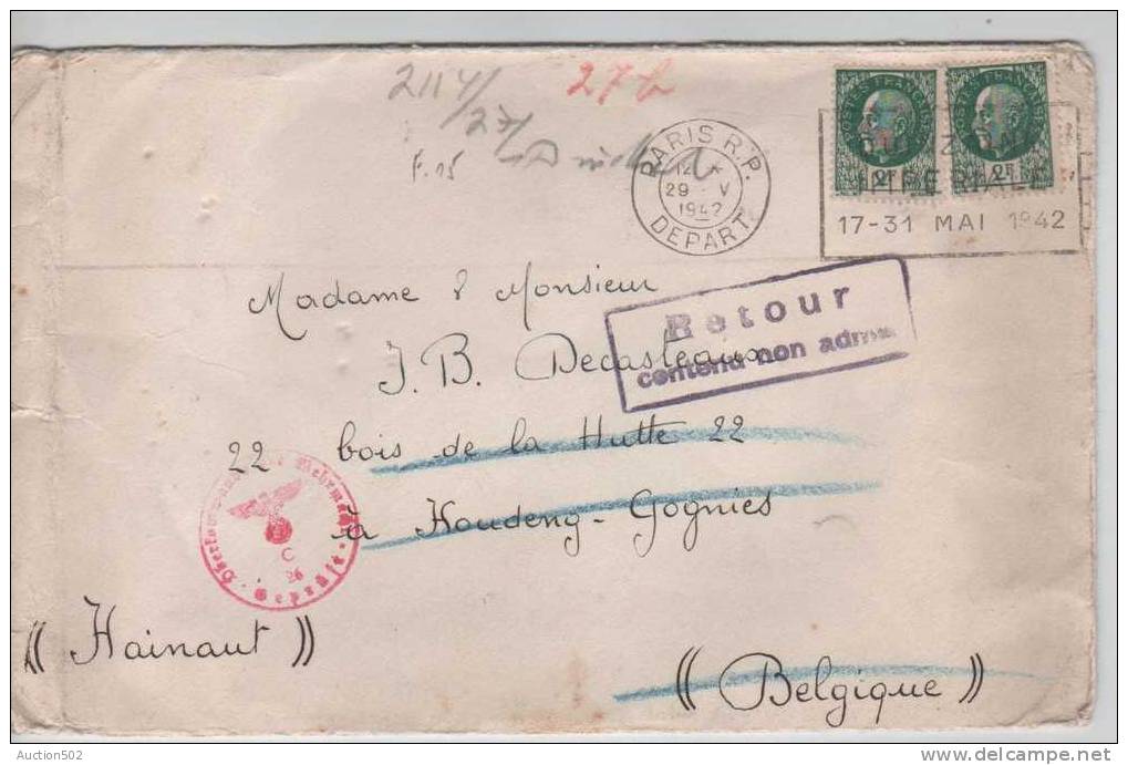 TP 518(2) Paris R.P.29.5.42 V.Houdeng-Gognies Censure De Cologne-Gll Retour/Contenu Non Admis 112 - Guerre De 1939-45