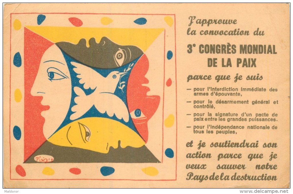 PICASSO Cotton Square Serigraphie 31,52 / 31,52 In Signed /  With Postcard 1951 :3 Th World Congress For The Peace - Andere & Zonder Classificatie