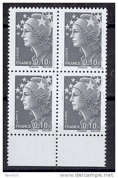 MARIANNE DE BEAUJARD 0,10€  NEUVE DEFAUTS D'ESSUYAGE ET TRAINEE DE COULEUR - PLAQUETTE DE 4 PIECES - Unused Stamps