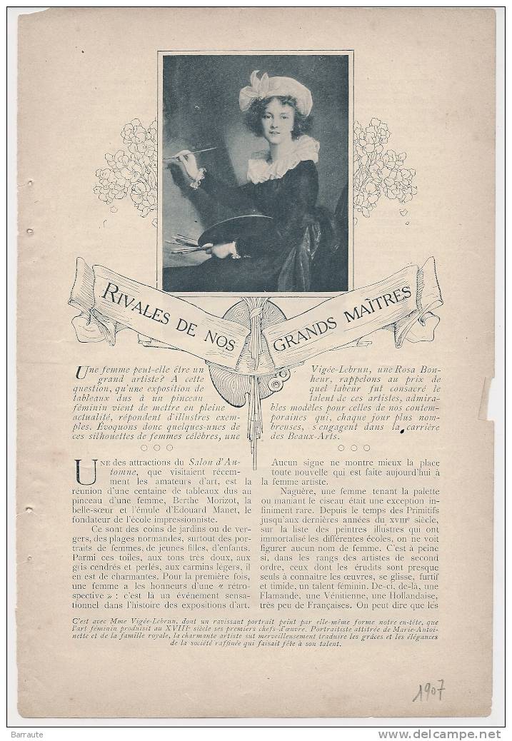 Feuillet Article Actualité De 1907 " Les Femmes Rivales De Nos GRANDS MAITRES" - Documentos Históricos