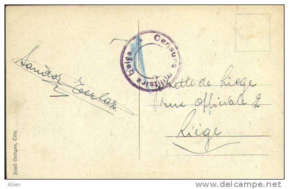 Kaart Köln Naar Luik Met Violette "CENSURE MILITAIRE BELGE"  En Blauwe Paraf. - OC38/54 Belgian Occupation In Germany