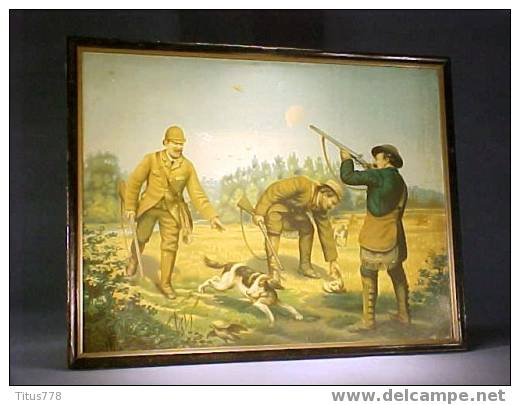 CHROMO LITHOGRAPHIE SCENE DE CHASSE + Chien Chasseur Tableau Cadre Gravure - Lithographien