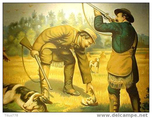 CHROMO LITHOGRAPHIE SCENE DE CHASSE + Chien Chasseur Tableau Cadre Gravure - Lithographien