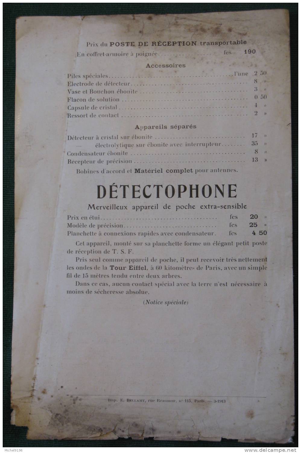 Document Pour Poste De Réception TSF Et Detectophone De Justin LANDRY - Matériel Et Accessoires